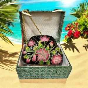 Cloisonné Enameled Hard Shell Evening Purse with Hand Painted Floral Details